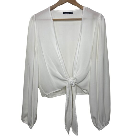 Boohoo Tops - BOOHOO | White V-Neck Tie Front Crop Top Long Balloon Sleeves | Size 10